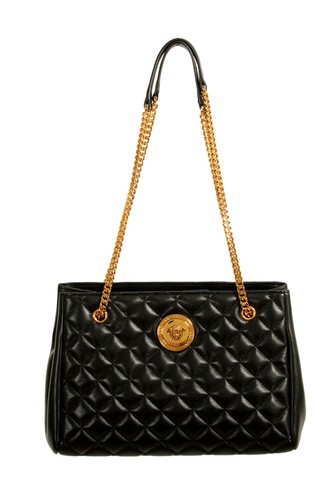 Versace Women's Black Leather Gold Medusa Quilted Tote Handbag Shoulder Bag