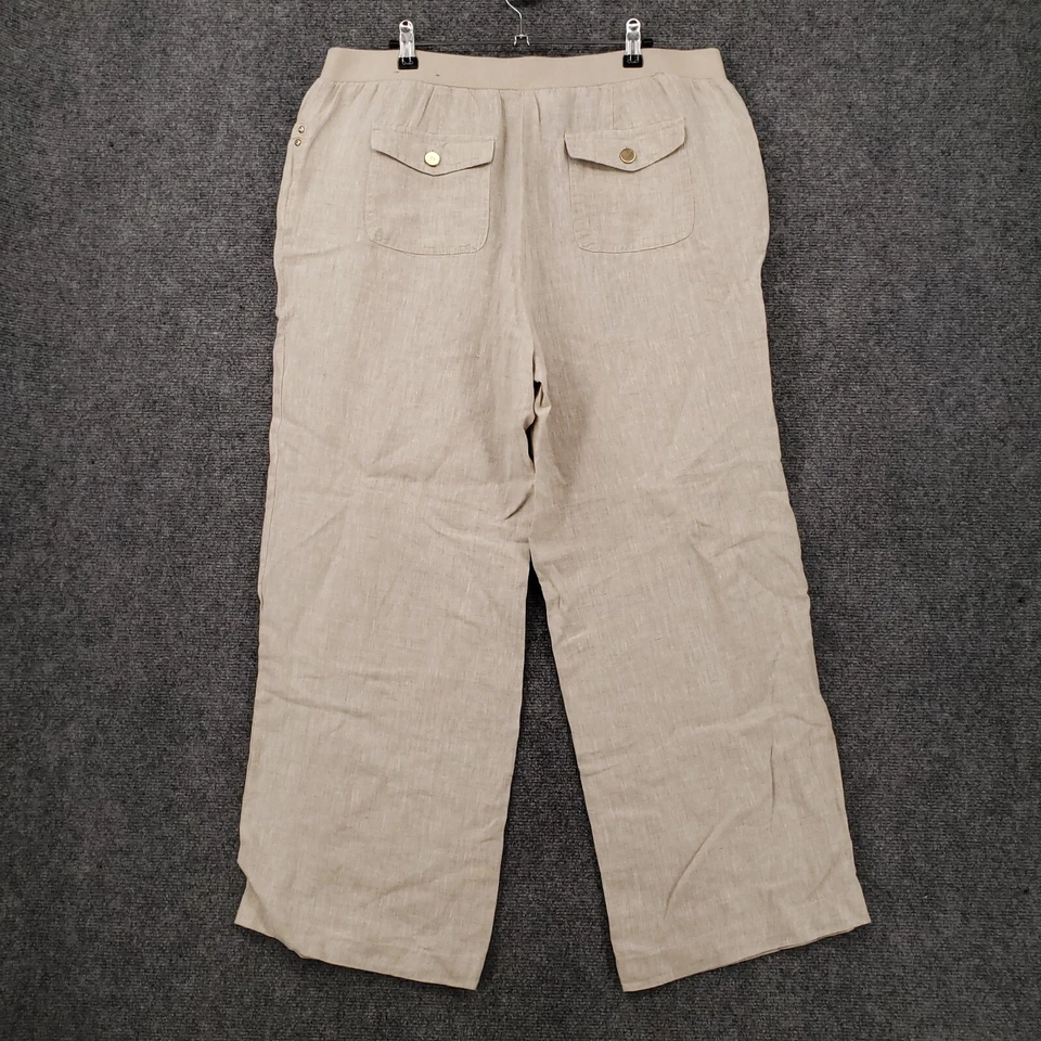 Pantalones de mujer JM Collection 14 beige tiro alto mezcla de lino cintura elástica cordón Foto 2 de 4