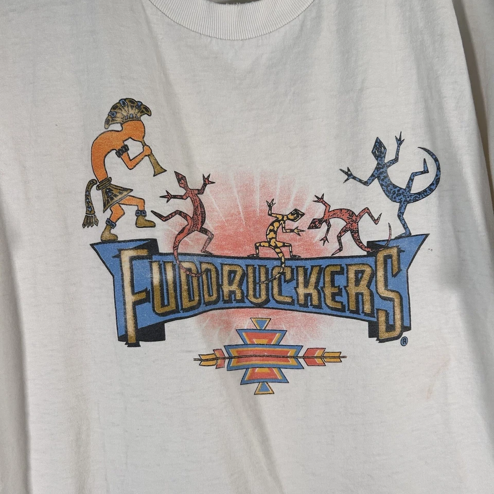 Camisa Fuddruckers Vintage Unisex XL Blanca Manga Corta Cuello Redondo Marca Lee EE. UU. Foto 4 de 4