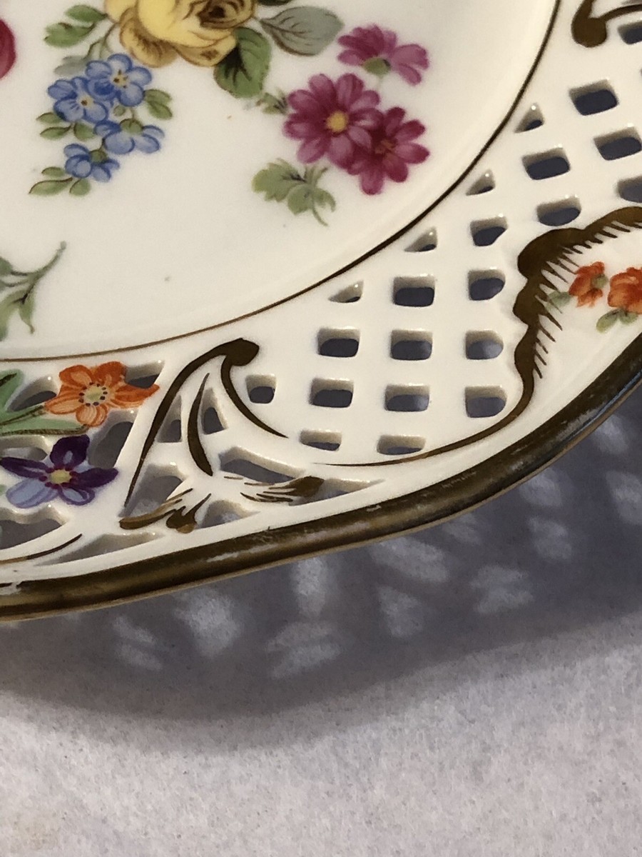 Antique Vintage Dresden Germany Lattice Work Floral & Gold Tone