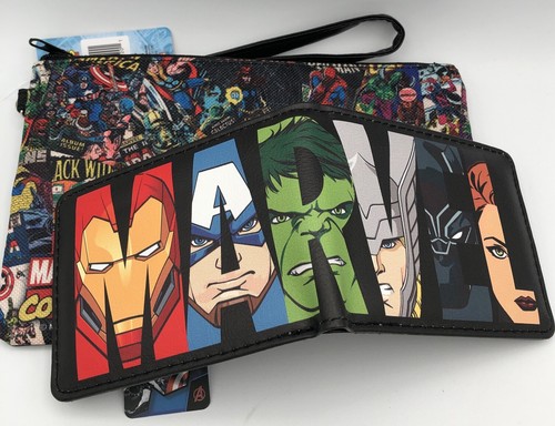 Marvel Brick Avengers Faces Black Multi Color Bifold Wallet and Pencil Case NEW - Picture 3 of 3
