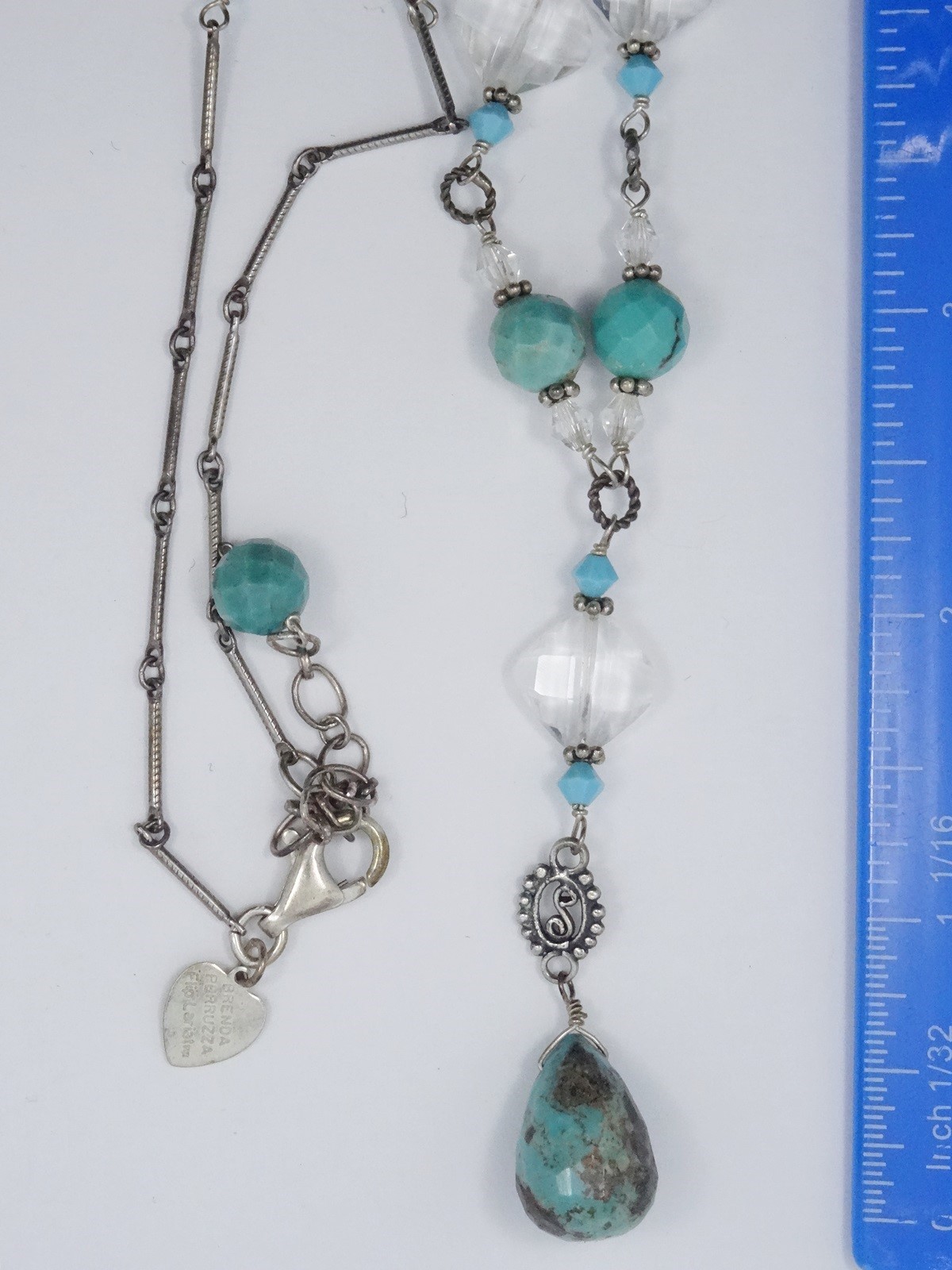 DESIGNER BRENDA PERRUZZA TURQUOISE and CRYSTAL GEMSTONE DROP NECKLACE