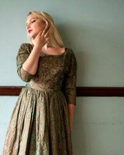 Fifties prom dress green lace illusion scoop neck small