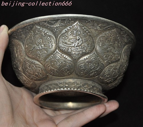 5" old chinese Tibetan silver dynasty flowers bird Totem Tea cup Bowl Bowls - Picture 2 of 7
