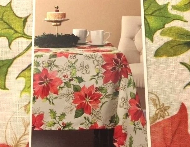 Rectangle Poinsettia Tablecloth Christmas 100% Polyester 60" x 84" Granny Core - Image 4 of 4