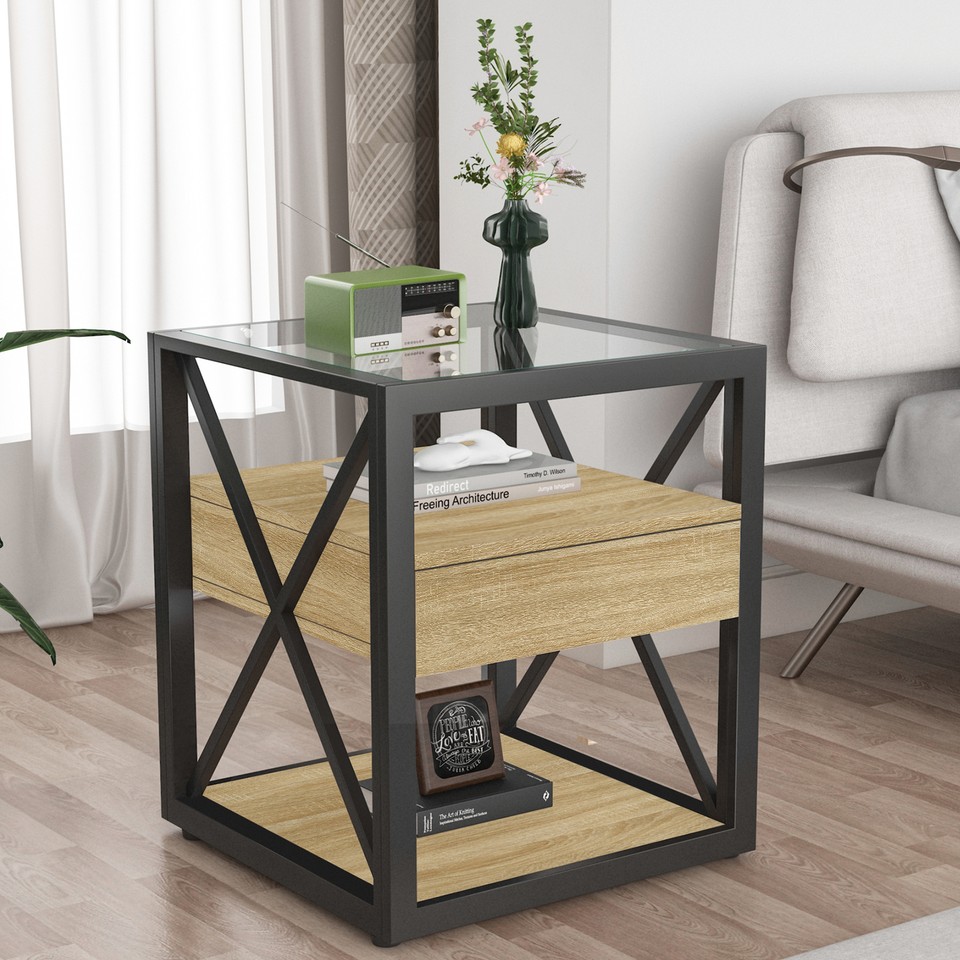 Photo inspiration: Visual Reference: Modern End Table With Drawer Wood Nightstand Industrial Style Side
