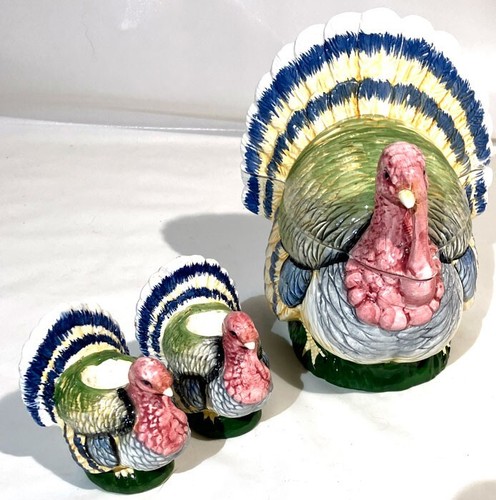 VINTAGE TURKEY COOKIE JAR MATCHING CANDLE HOLDERS TAIWAN
