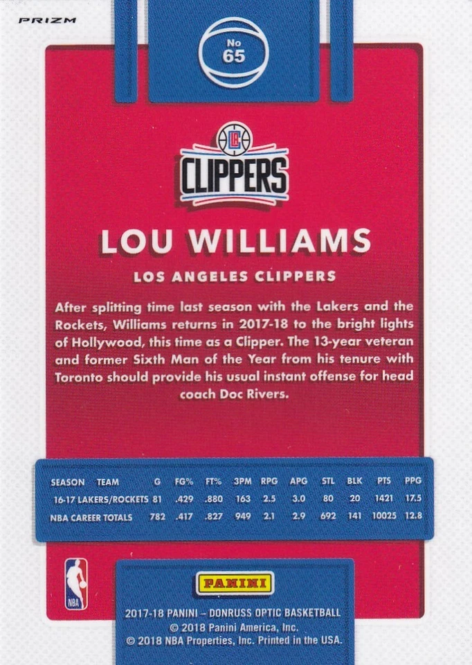 2017-18 OPTIC PRIZMS BLUE VELOCITY LOU WILLIAMS LOS ANGELES CLIPPERS - Y172 - Image 2 of 2