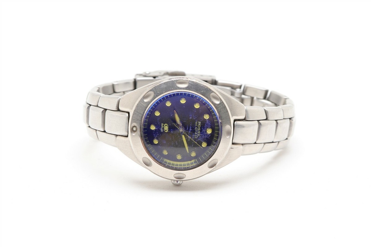Fossil Blue AM-3546 Silver Sunburst Dial Date 100M Watch Box Papers 29mm Lume Rare Fossil Blue AM-3544 100m 35mm For Parts Or Repair  main image 4