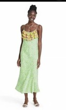 Rixo Green Sleeveless Leopard Print Floral Ruffle Top Maxi Dress Size XXS