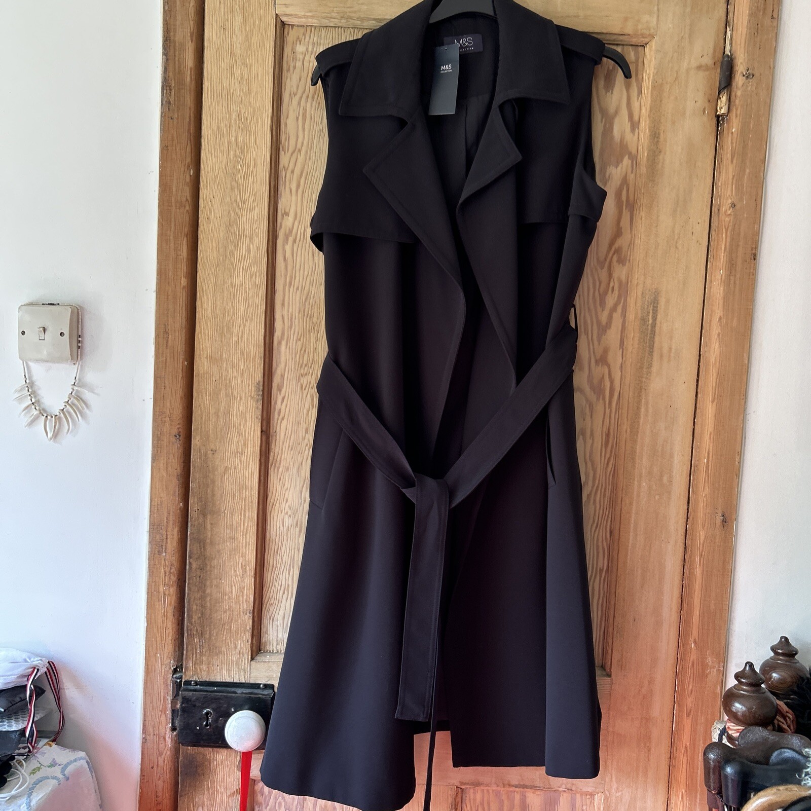 M&S Black Lined Sleeveless Longline Belted Trench Coat Size 14 BNWT £89.00
