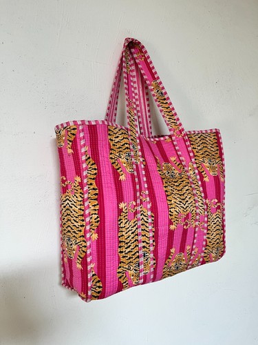 Pink Tiger Tote Handbag Indian Cotton Screen Print Shopping Carry Grocery Bag - Picture 3 of 5