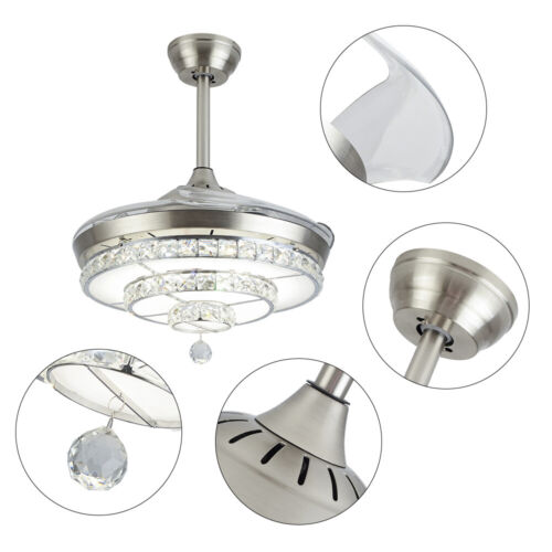 Invisible 42" Crystal Remote LED Chandelier Retractable Blade Ceiling Fan Light