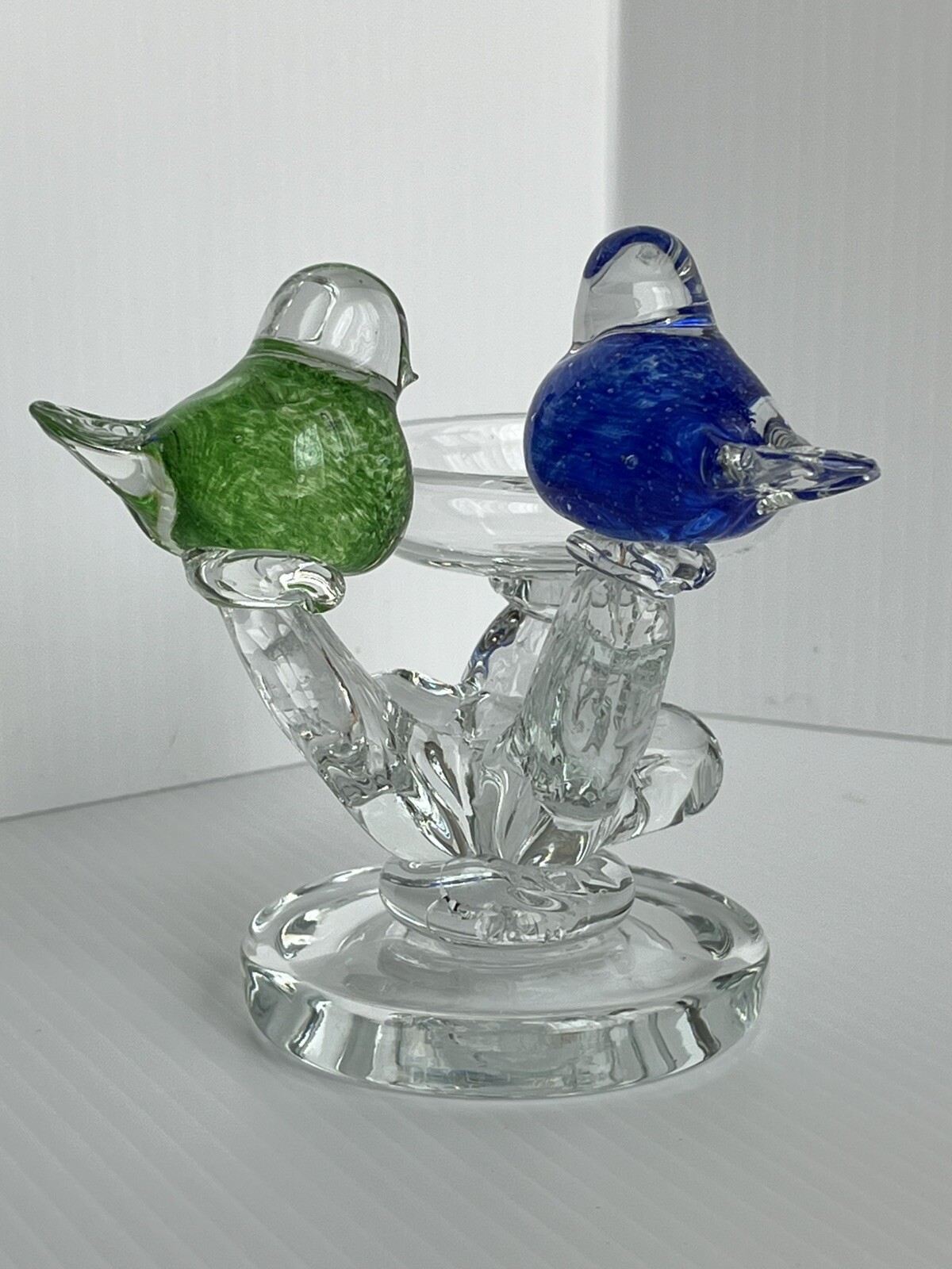 Vintage ART GLASS Dove Birds Birdbath Figurine Candle Holder Trinket Dish