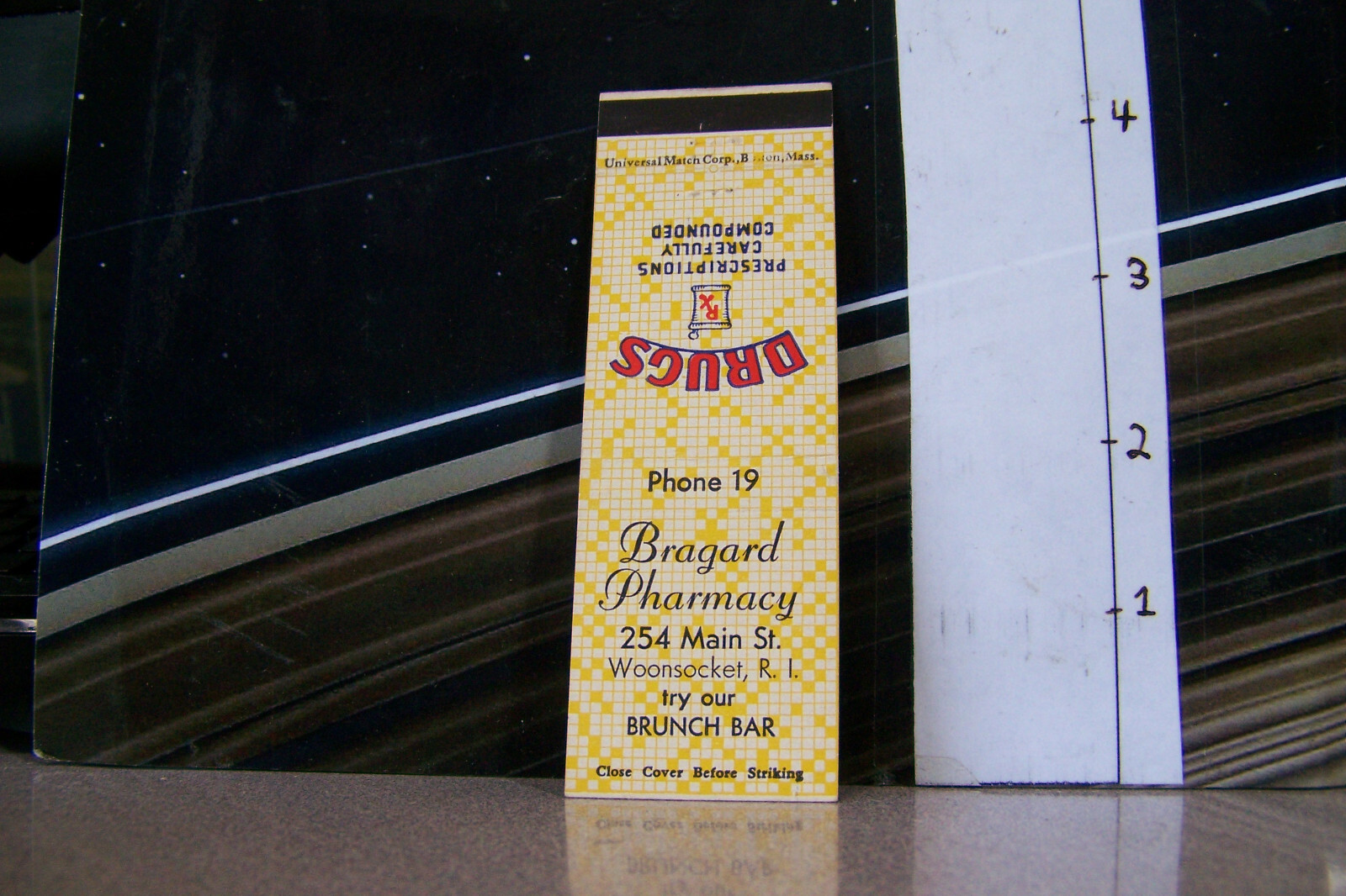 Vintage Matchbook Cover Y5 Woonsocket Rhode Island Bragard Pharmacy Drug Brunch