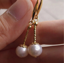 9-10MM AAA Cultured PERFECT Akoya white round pearl earrings 14K yellow GOLD