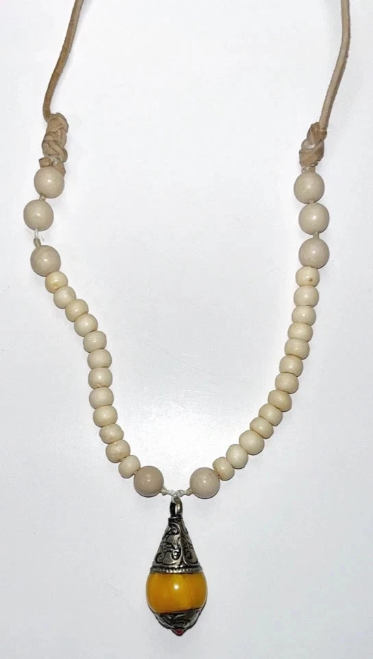 Collar Largo Tibetano Naranja Copal Plata Buda Riendo Colgante Cuentas Cuero Foto 2 de 4