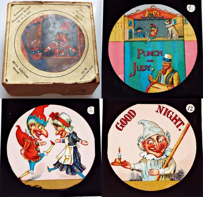 Punch and Judy Box 12er Set original antike magische Laternendias um 1885