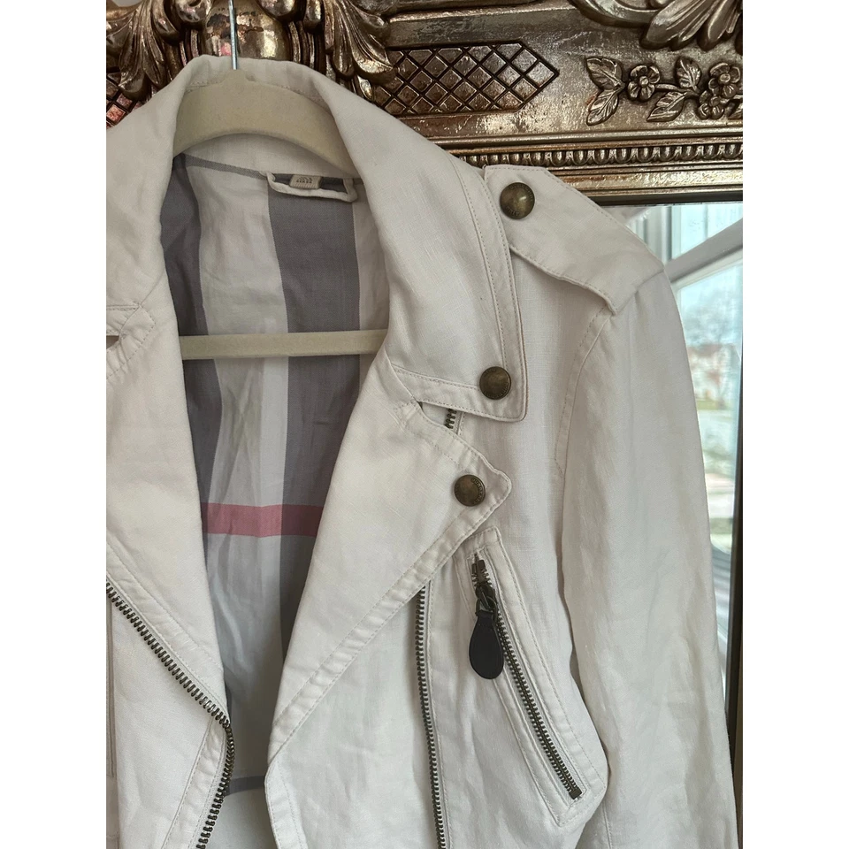 Burberry Brit Patchford Parchment Linen Moto Biker Full Zip Belted Jacket Size 4 - Image 3 of 4