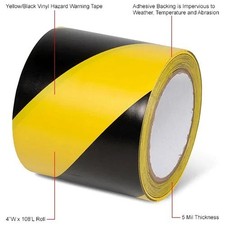 Striped Hazard Warning Tape, 4"W x 108'L, 5 Mil, Black/Yellow, 1 Roll