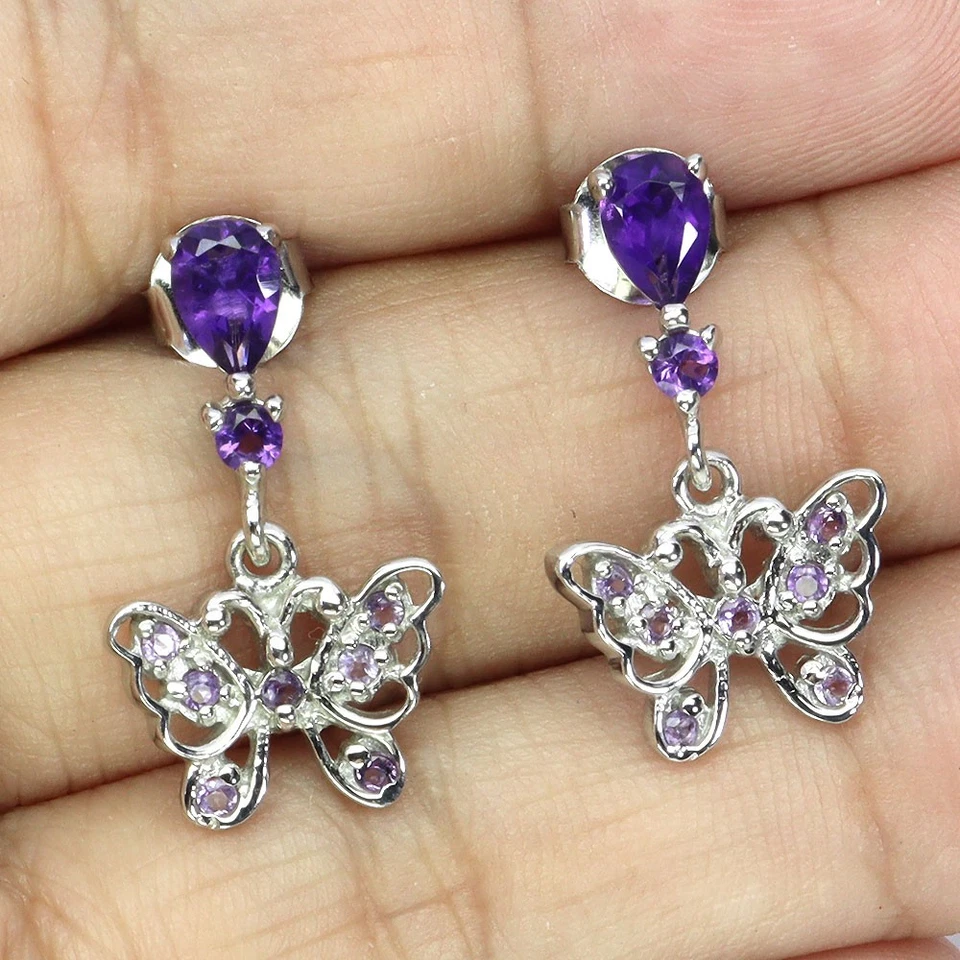 925 Pendientes de Plata Ley Pera Gema Amatista Mariposa N Eeuu Importación Tasas - Imagen 2 de 4