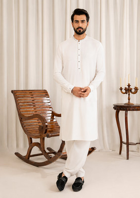 Men's White Wash & Wear Pakistani Kurta Shalwar Set Traditional Islamic Clothing