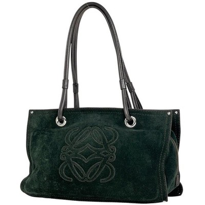 LOEWE Anagram Shopper Tote Bag Suede Dark Green Women Used