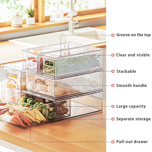 Fridge Drawer Pull Out Stackable Bins with Handle Clear Refrigerator Drawers ... - Picture 5 of 7