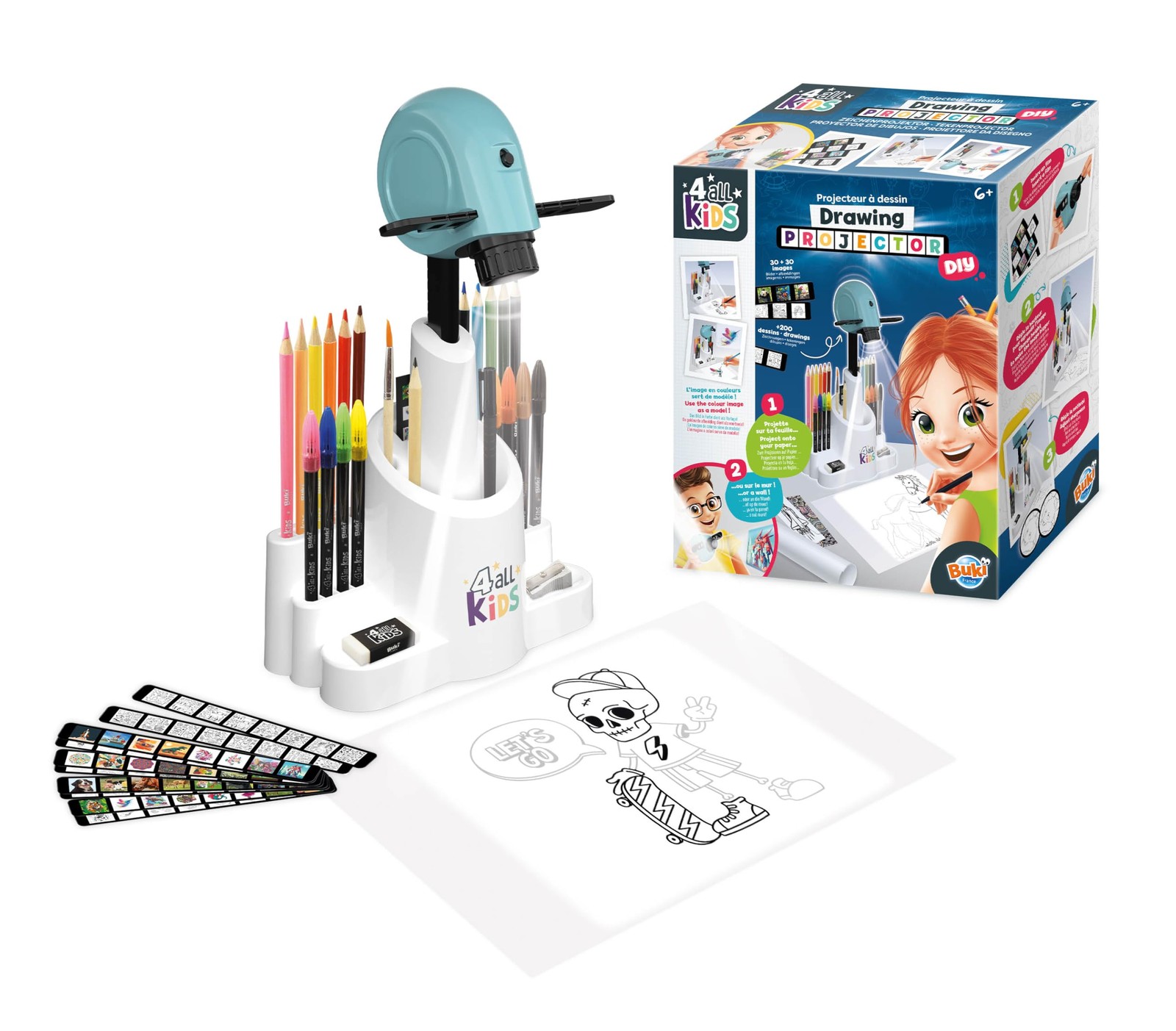 Projecteur à dessin LED bleu pour enfant avec 24 motifs et feutres