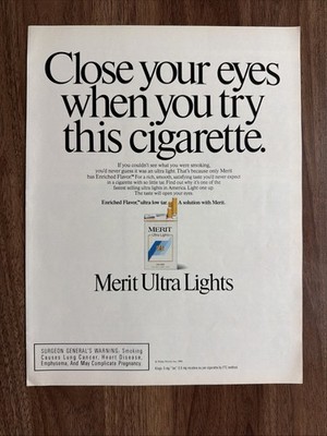 Merit Ultra Lights Cigarettes Print Ad Close Your Eyes Smoking Low Tar 