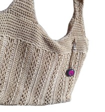 The Sak Casual Classics Crochet Tote Bag Tan Beige Shoulder Purse Charm Zip LG