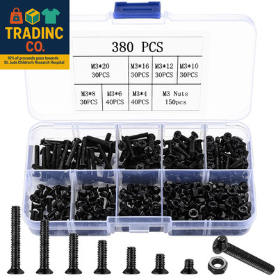 M3 Flat Head Machine Screws and Hex Nuts Kit, 380 Pcs Black Countersunk Head Phi