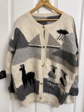 Vintage Hand-Knit Cardigan Sweater Alpaca Wood Buttons Geometric Mountains