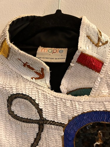 VTG Maple Sequin L Short Jacket Nautical White Multi Color Motorcycle Zip#8011 - Picture 11 of 24