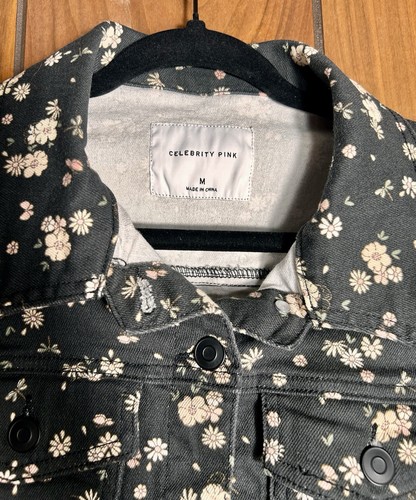 Celebrity Pink Womens Juniors' Black Floral Puff Sleeve Denim Jacket Size Medium - Picture 3 of 7