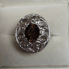 925 Sterling Silver OG Oval Smoky Quartz Ring w/ 16 Diamond Accents 6.7g Size 8