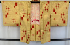 Japanese Vintage Kimono Haori Jacket Silk Yellow Tumugi Traditional 32 in