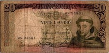 World Paper Money Banknote Portugal 20 Escudos 1954 