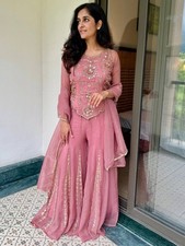 Bollywood Style Silk Pink Kurta Palazzo With Dupatta For Wedding  Party Wear