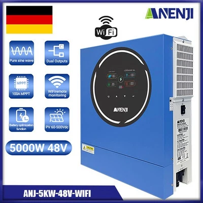ANENJI 5KW 48V Off-grid Hybrid Inverter 100A Mppt w/Wi-fi Pure Sine Wave 60~500VDC