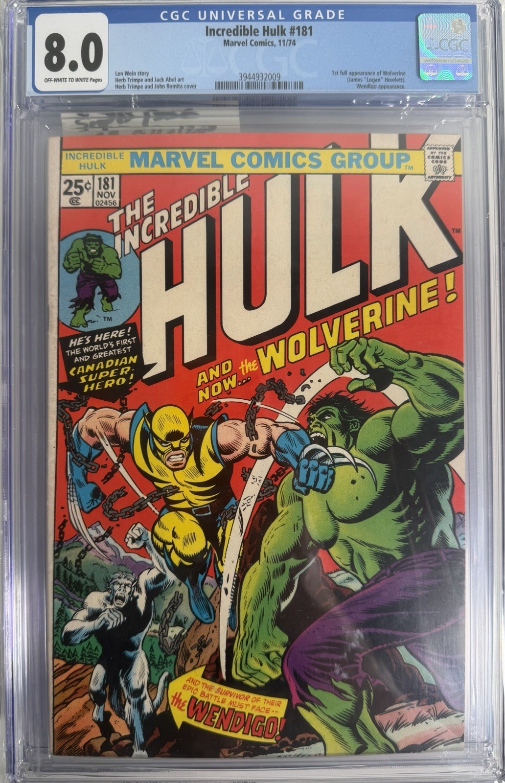 The Incredible Hulk #181 CGC 8.0 1974 Marvel Off/ WHT Wolverine 1st Appearance