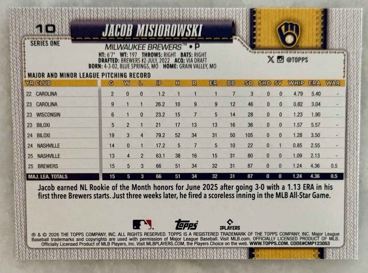 2026 Topps Series 1 Jacob Misiorowski RC Milwaukee Brewers #10 | eBay