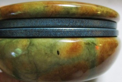 VINTAGE ITALIAN ALABASTER TRINKET BOX HAND CARVED,5'' ROUND,METALLIC HINGED