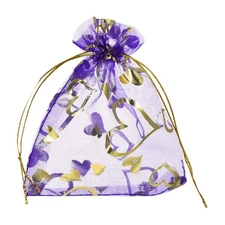 50 Pcs Organza Bag 5"x7" Sheer Heart Mesh Bags Drawstring Light Purple-Gold