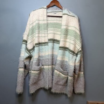 American Eagle Whoa So Cozy Striped Fuzzy Open Front Cardigan Sweater. Large
