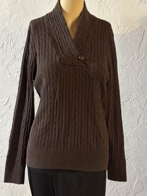 Jeanne Pierre Shawl Neck Sweater Brown Fisherman Cable Knit Womens Sz Large