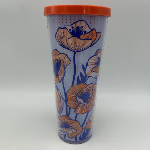Starbucks Tumbler Blue Floral Cold Cup Orange Lid Green Straw 24oz - Afbeelding 7 van 11