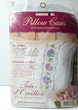 Dimensions HYDRANGEA  RIBBON stamped Cross Stitch PILLOW CASES set of 2