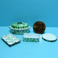 Dollhouse Miniature Kitchen Cookware Pan Set Green Enamelware Pattern CAR0873