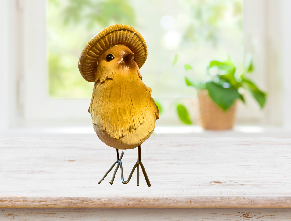 Resin Harvest Bird with Mushroom Hat Spring Decoration, 5